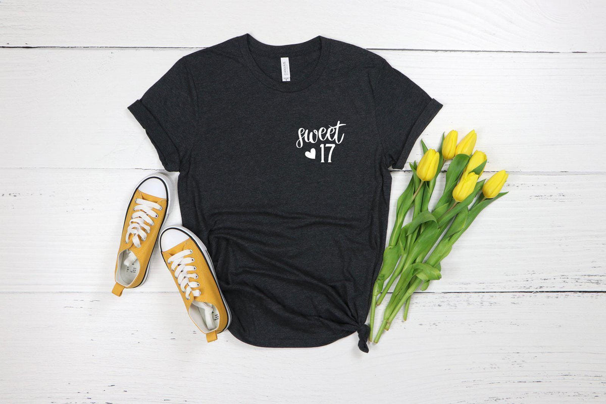 Sweet 17 Minimalist T-Shirt, Sweet Seventeen Pocket Shirt, 17th Birthday Gift For Girls, Birthday Party Shirt, Turning 17 Birthday Gift,