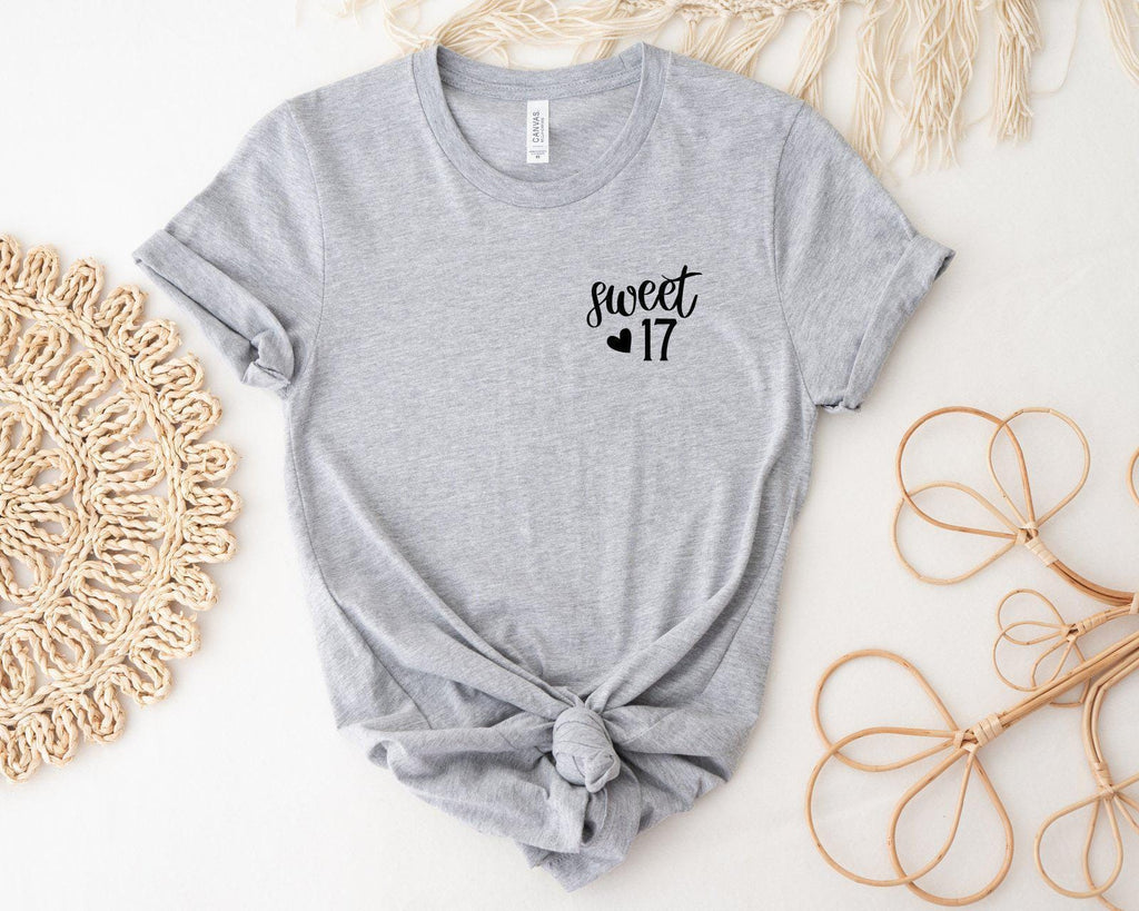 Sweet 17 Minimalist T-Shirt, Sweet Seventeen Pocket Shirt, 17th Birthday Gift For Girls, Birthday Party Shirt, Turning 17 Birthday Gift,