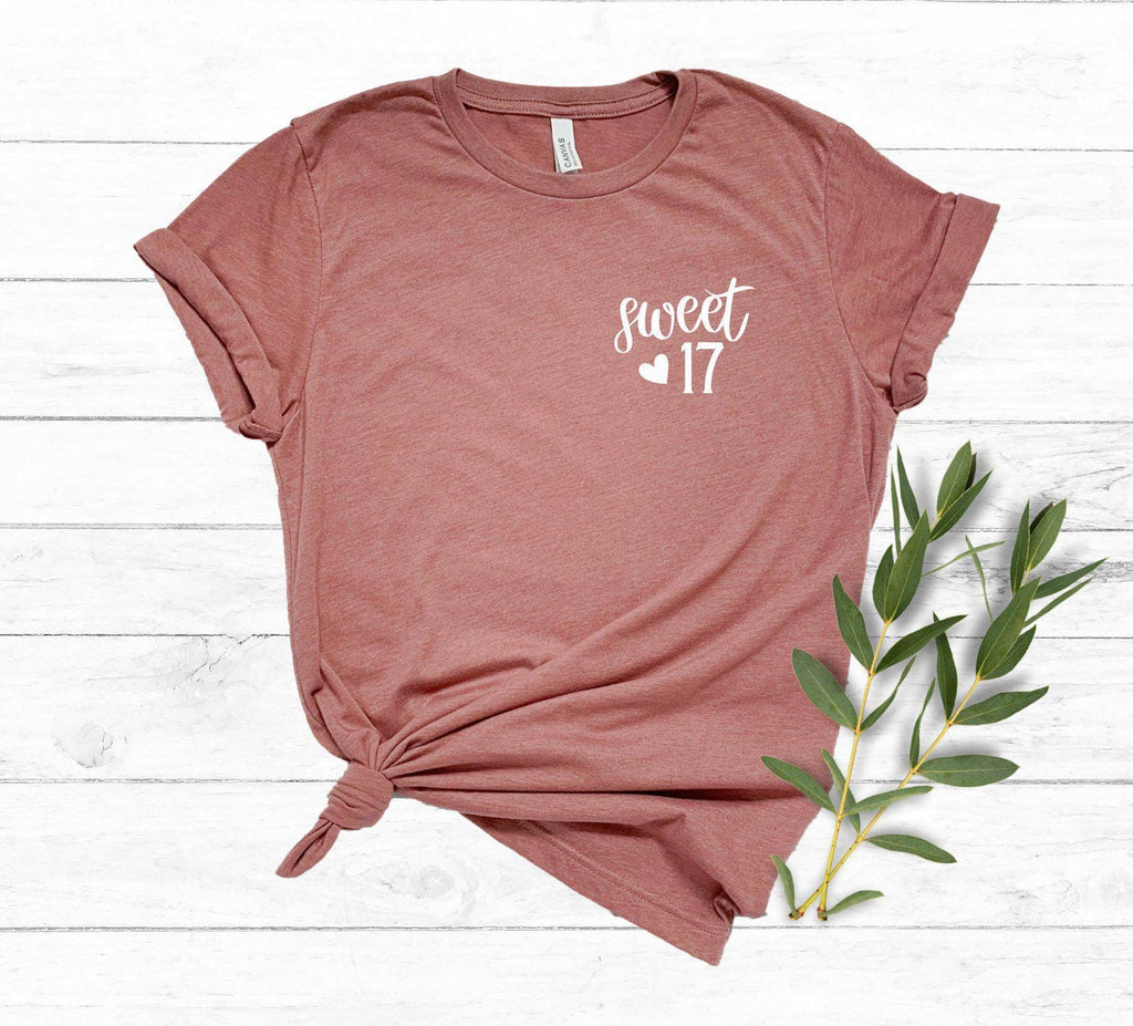 Sweet 17 Minimalist T-Shirt, Sweet Seventeen Pocket Shirt, 17th Birthday Gift For Girls, Birthday Party Shirt, Turning 17 Birthday Gift,