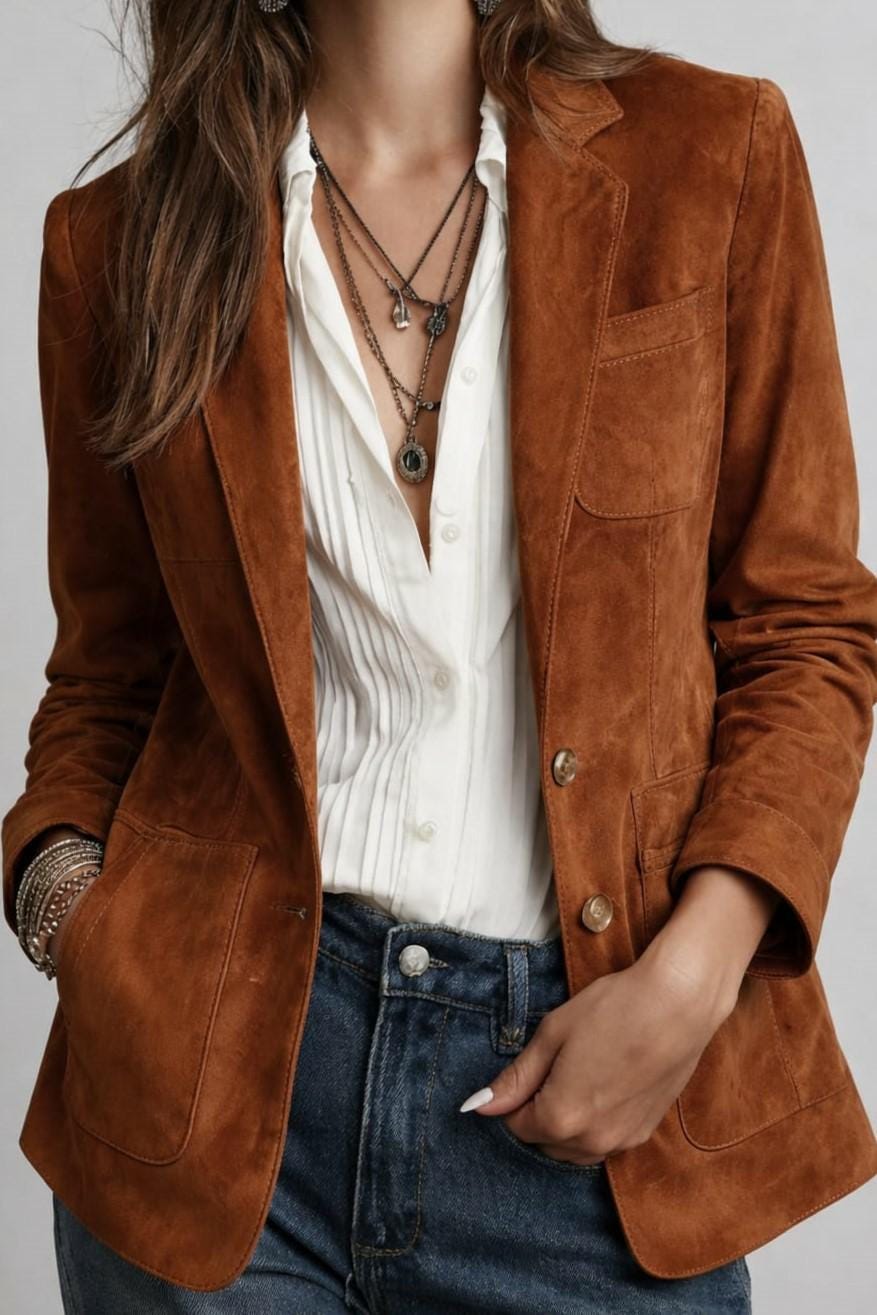 Women Western Boho Suede Blazer Jacket - Brown Cognac Leather Coat - Rustic Chic.