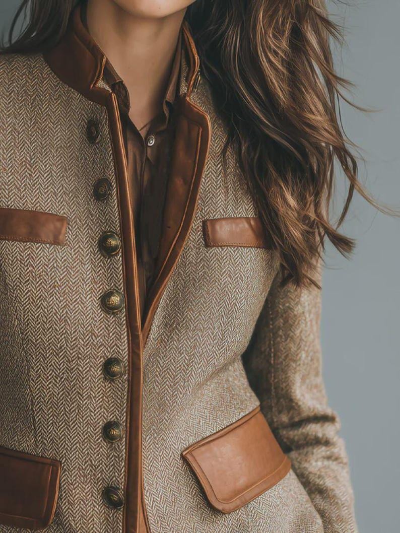 Vintage Eco-Leather Trim Pocket Tweed Jacket – Sustainable, Classic Design, Fitted Blazer, Eco-Friendly Outerwear for Women,