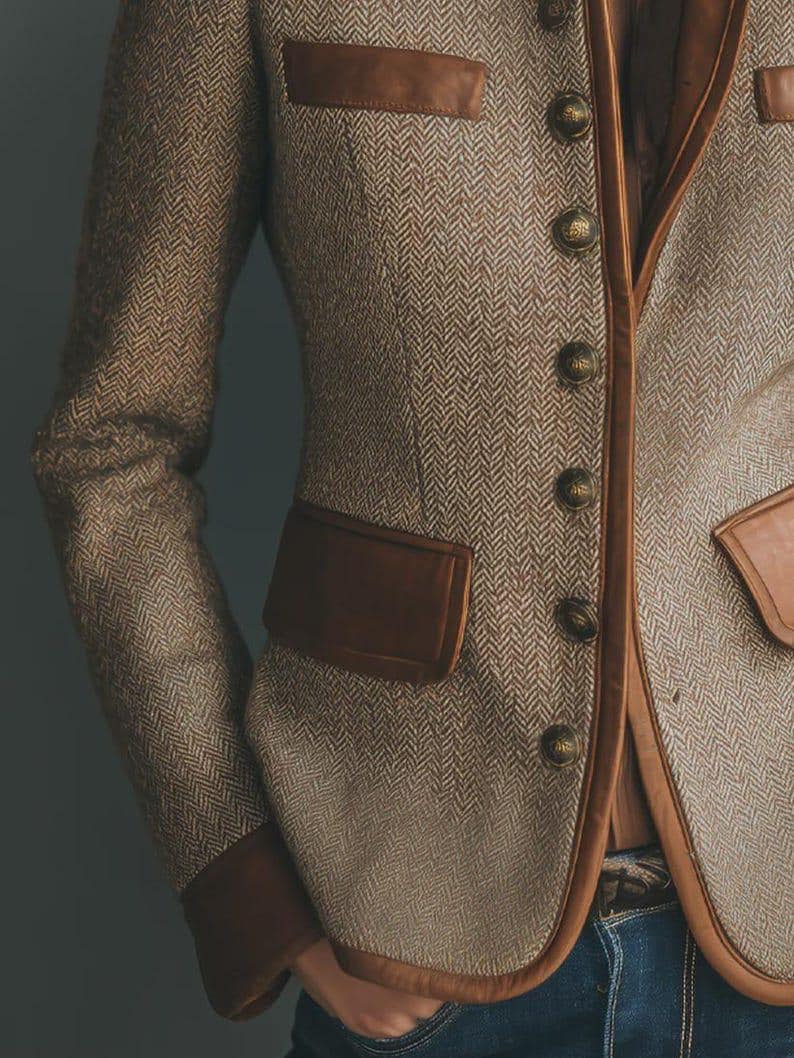 Vintage Eco-Leather Trim Pocket Tweed Jacket – Sustainable, Classic Design, Fitted Blazer, Eco-Friendly Outerwear for Women,
