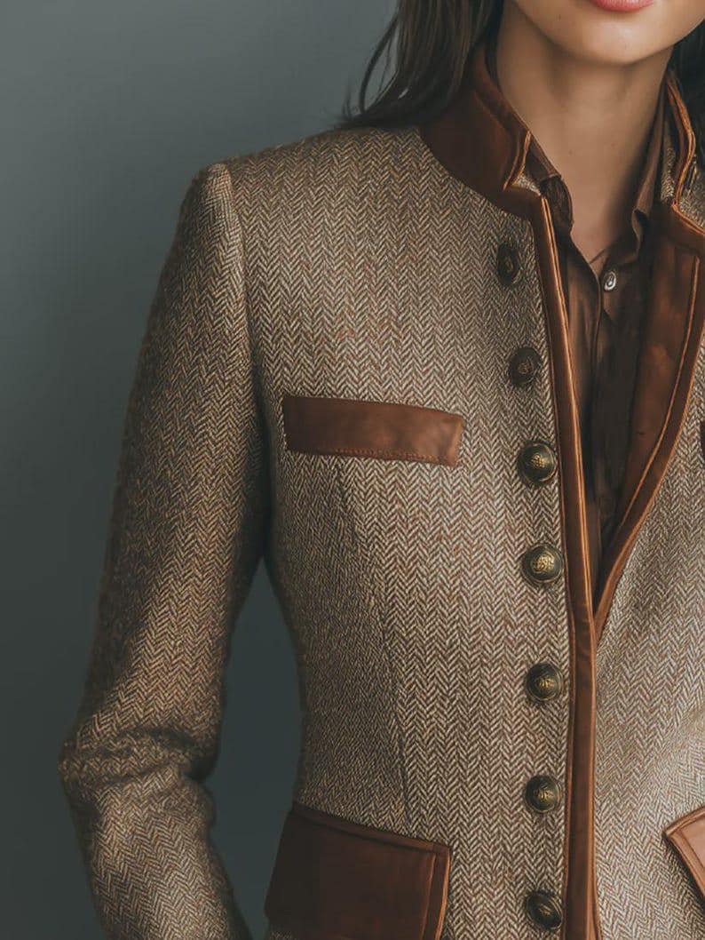 Vintage Eco-Leather Trim Pocket Tweed Jacket – Sustainable, Classic Design, Fitted Blazer, Eco-Friendly Outerwear for Women,