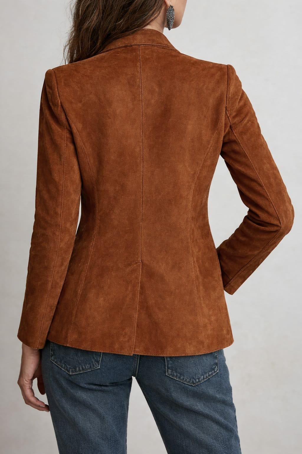 Women Western Boho Suede Blazer Jacket - Brown Cognac Leather Coat - Rustic Chic.