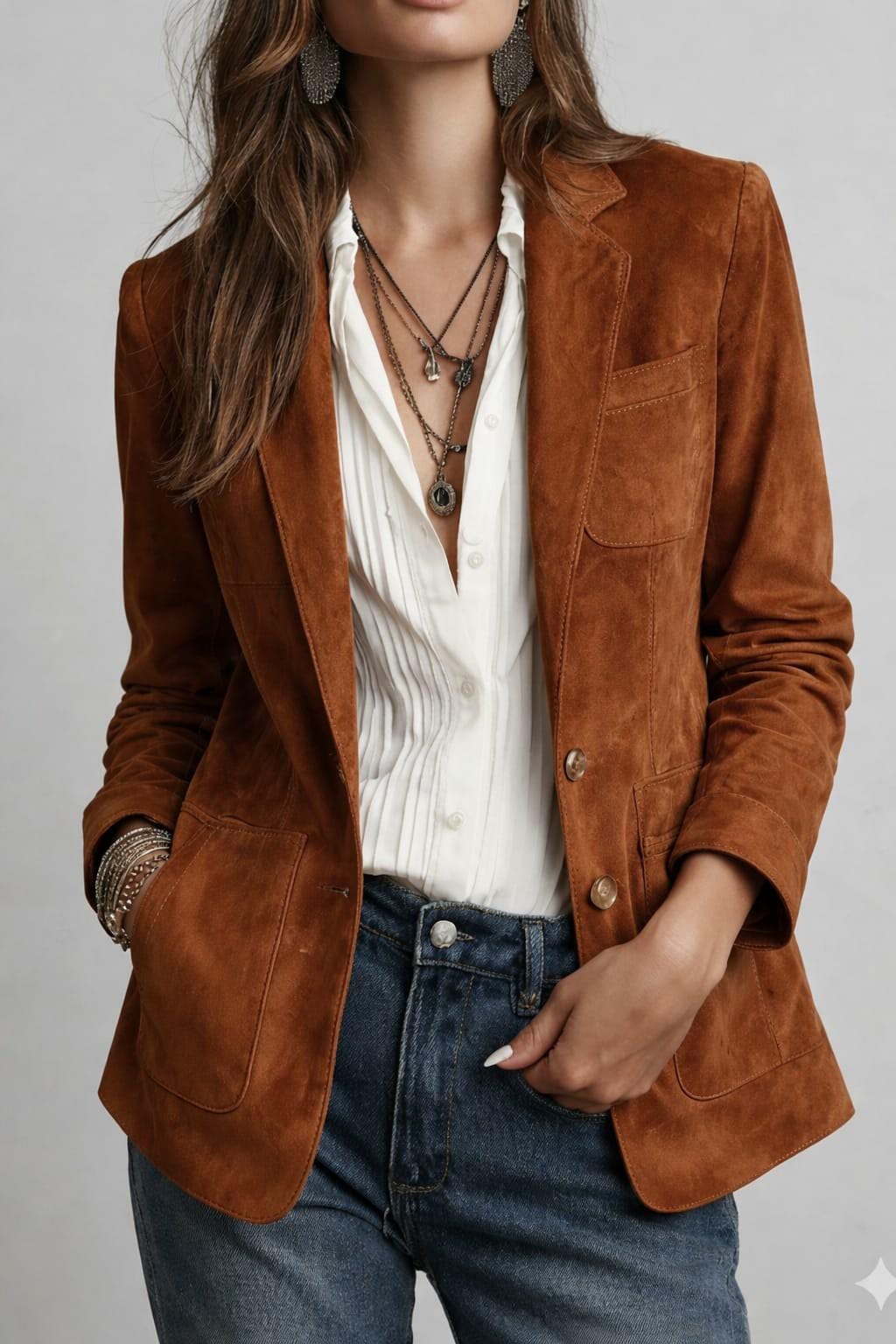 Women Western Boho Suede Blazer Jacket - Brown Cognac Leather Coat - Rustic Chic.
