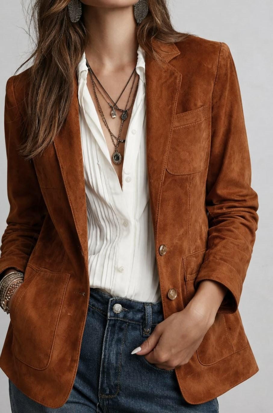 Women Western Boho Suede Blazer Jacket - Brown Cognac Leather Coat - Rustic Chic.