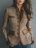 Vintage Eco-Leather Trim Pocket Tweed Jacket – Sustainable, Classic Design, Fitted Blazer, Eco-Friendly Outerwear for Women,
