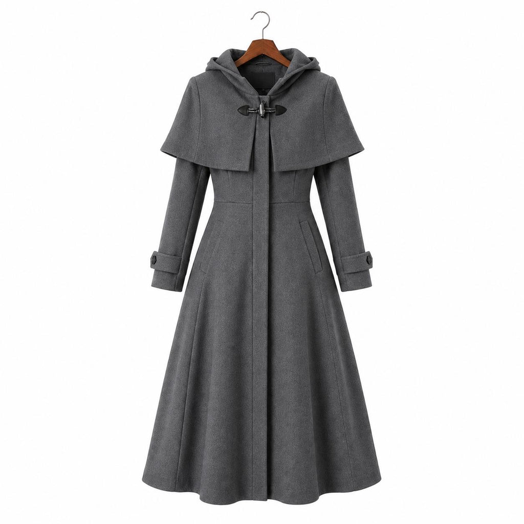 Burgundy Hooded Wool Blend Coat | Elegant Fit Flare Winter Cape Overcoat