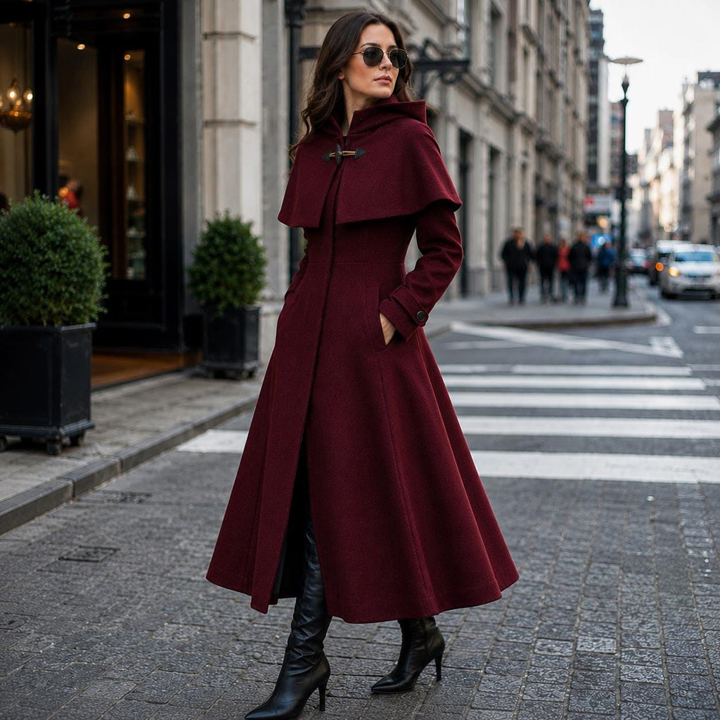 Burgundy Hooded Wool Blend Coat | Elegant Fit Flare Winter Cape Overcoat