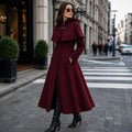 Burgundy Hooded Wool Blend Coat | Elegant Fit Flare Winter Cape Overcoat