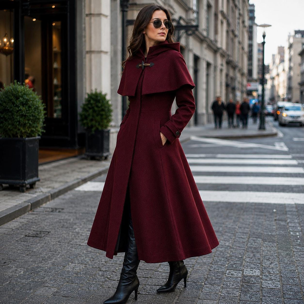 Burgundy Hooded Wool Blend Coat | Elegant Fit Flare Winter Cape Overcoat