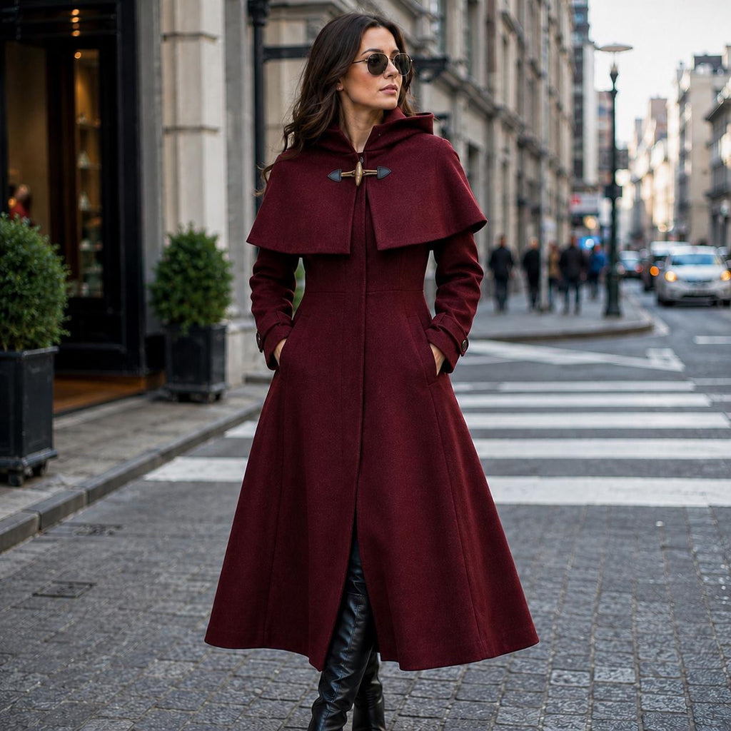 Burgundy Hooded Wool Blend Coat | Elegant Fit Flare Winter Cape Overcoat