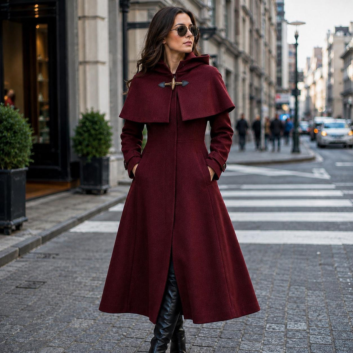 Burgundy Hooded Wool Blend Coat | Elegant Fit Flare Winter Cape Overcoat