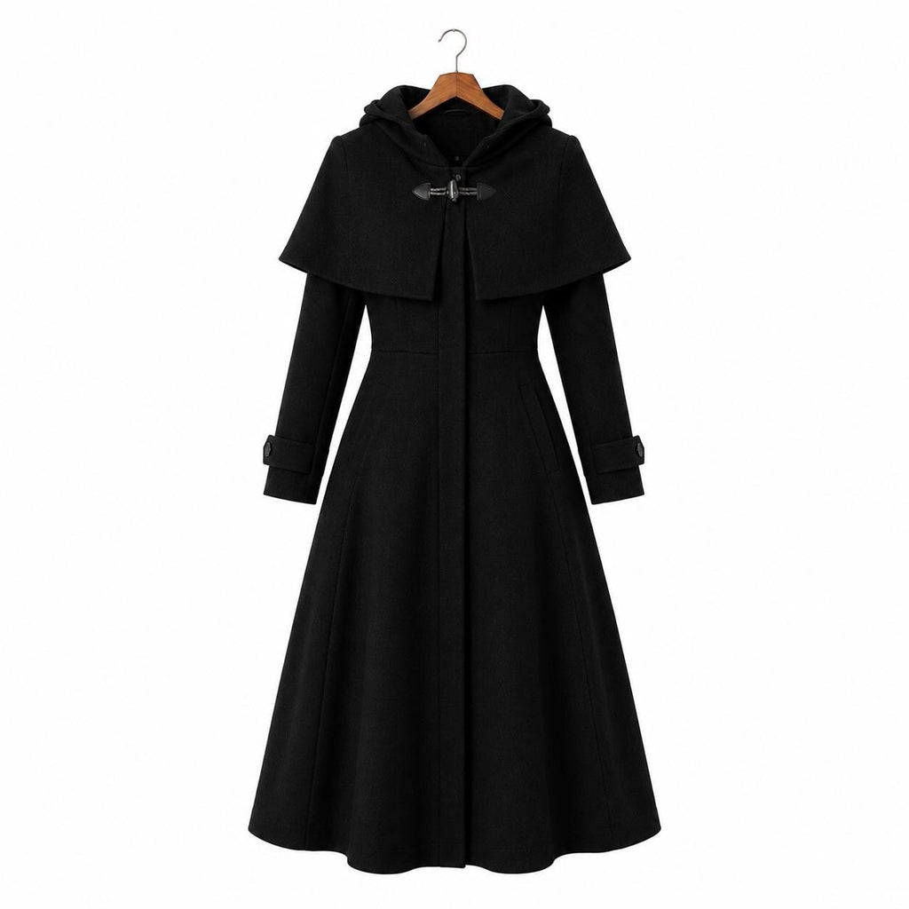 Burgundy Hooded Wool Blend Coat | Elegant Fit Flare Winter Cape Overcoat
