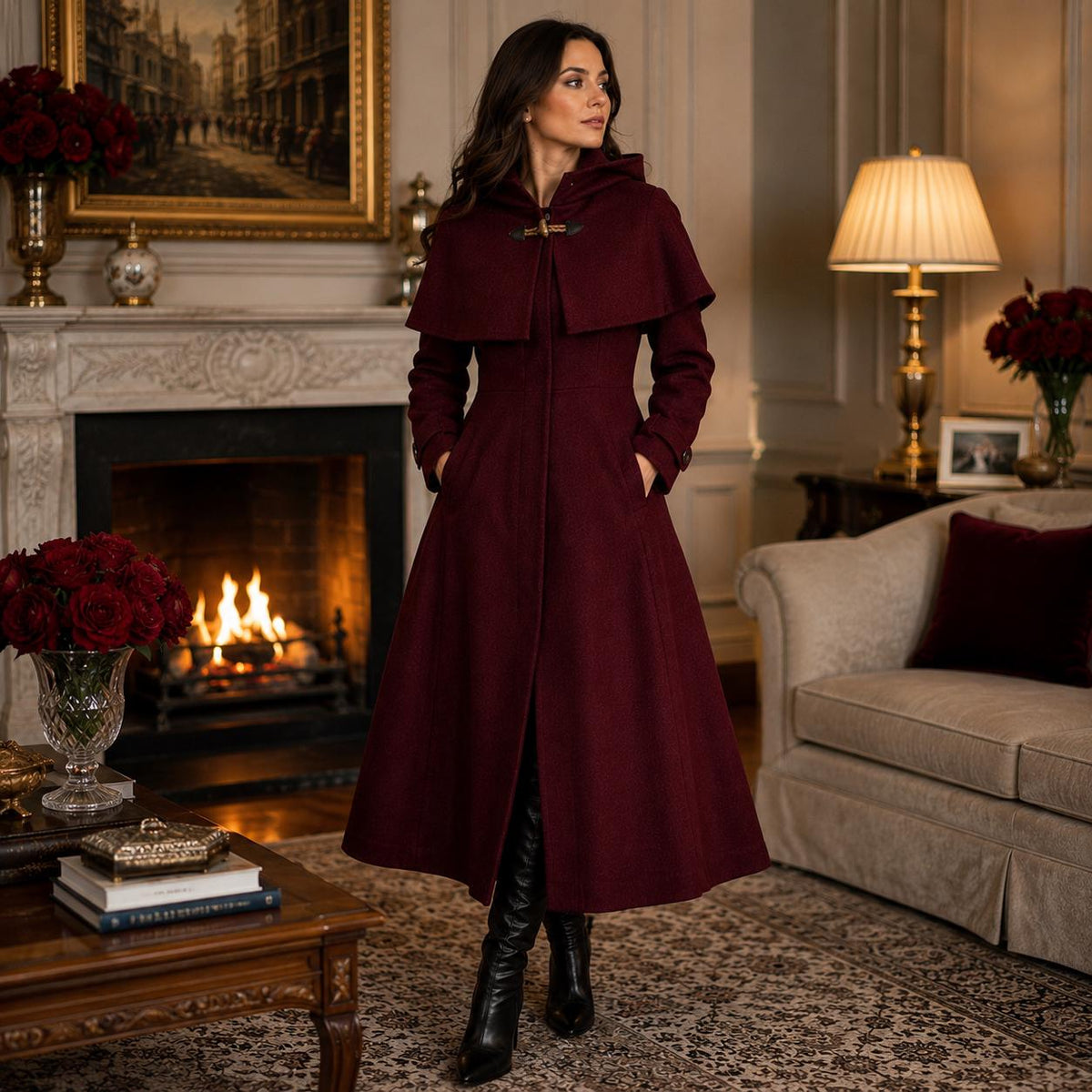 Burgundy Hooded Wool Blend Coat | Elegant Fit Flare Winter Cape Overcoat