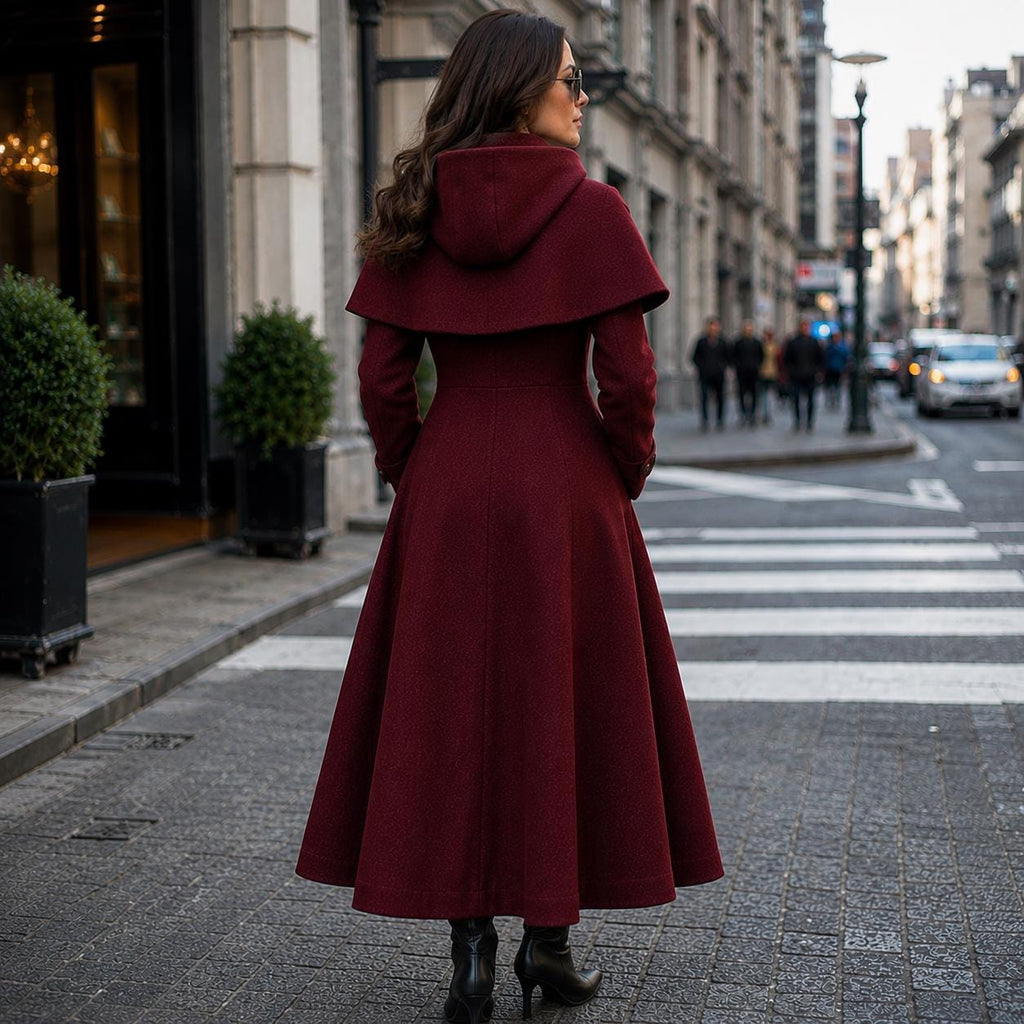 Burgundy Hooded Wool Blend Coat | Elegant Fit Flare Winter Cape Overcoat