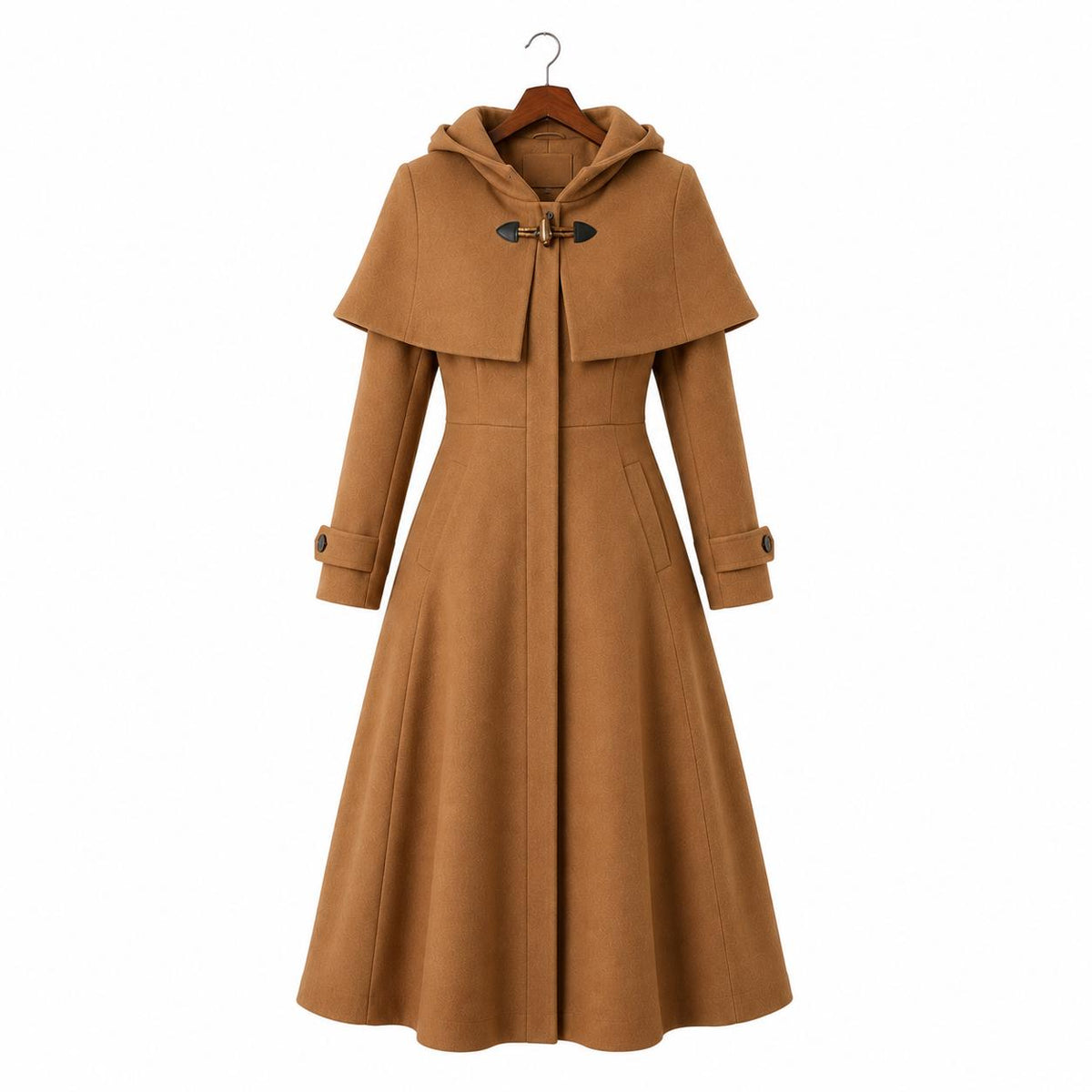 Burgundy Hooded Wool Blend Coat | Elegant Fit Flare Winter Cape Overcoat