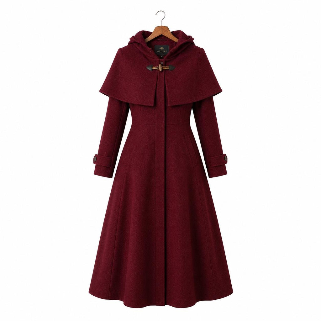 Burgundy Hooded Wool Blend Coat | Elegant Fit Flare Winter Cape Overcoat