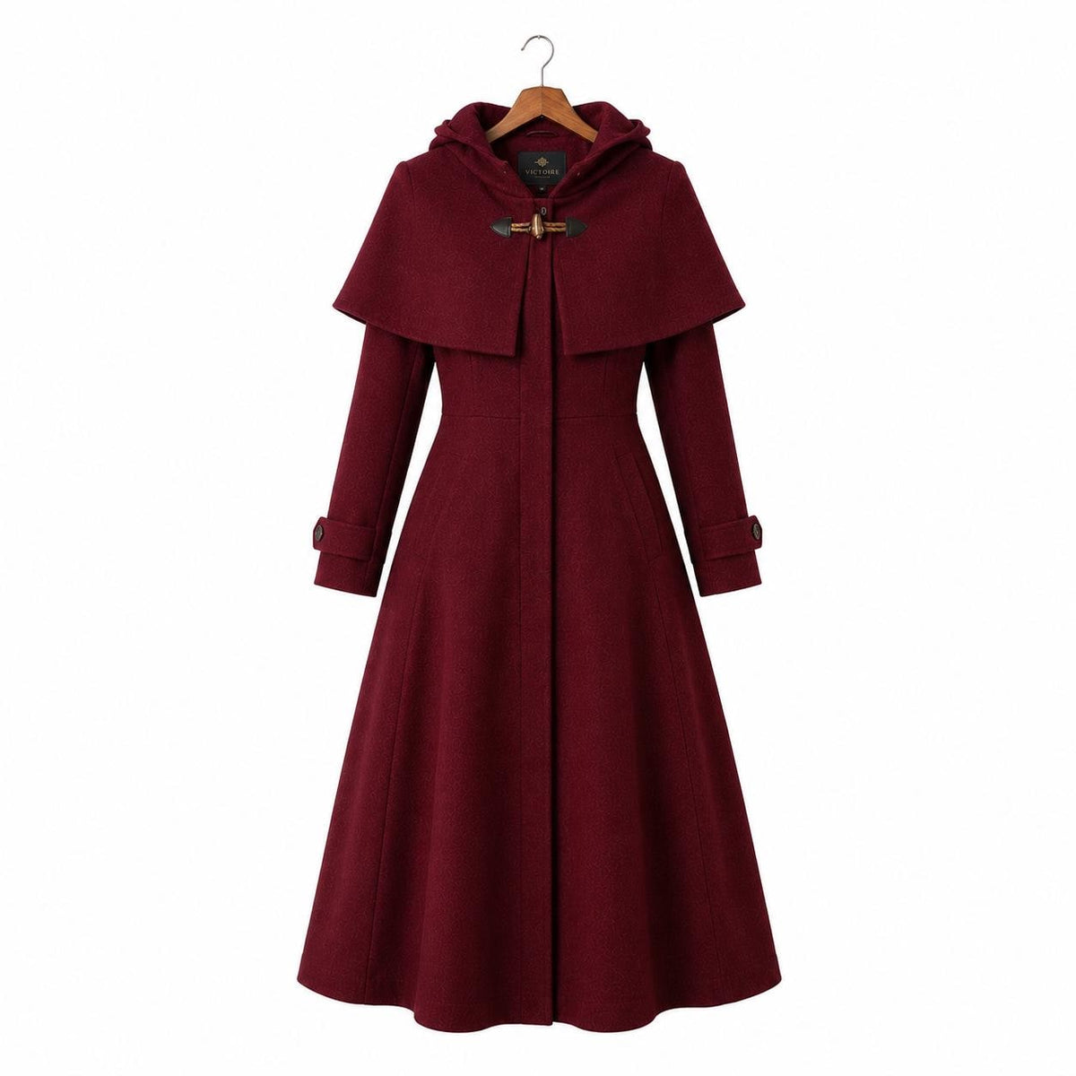 Burgundy Hooded Wool Blend Coat | Elegant Fit Flare Winter Cape Overcoat