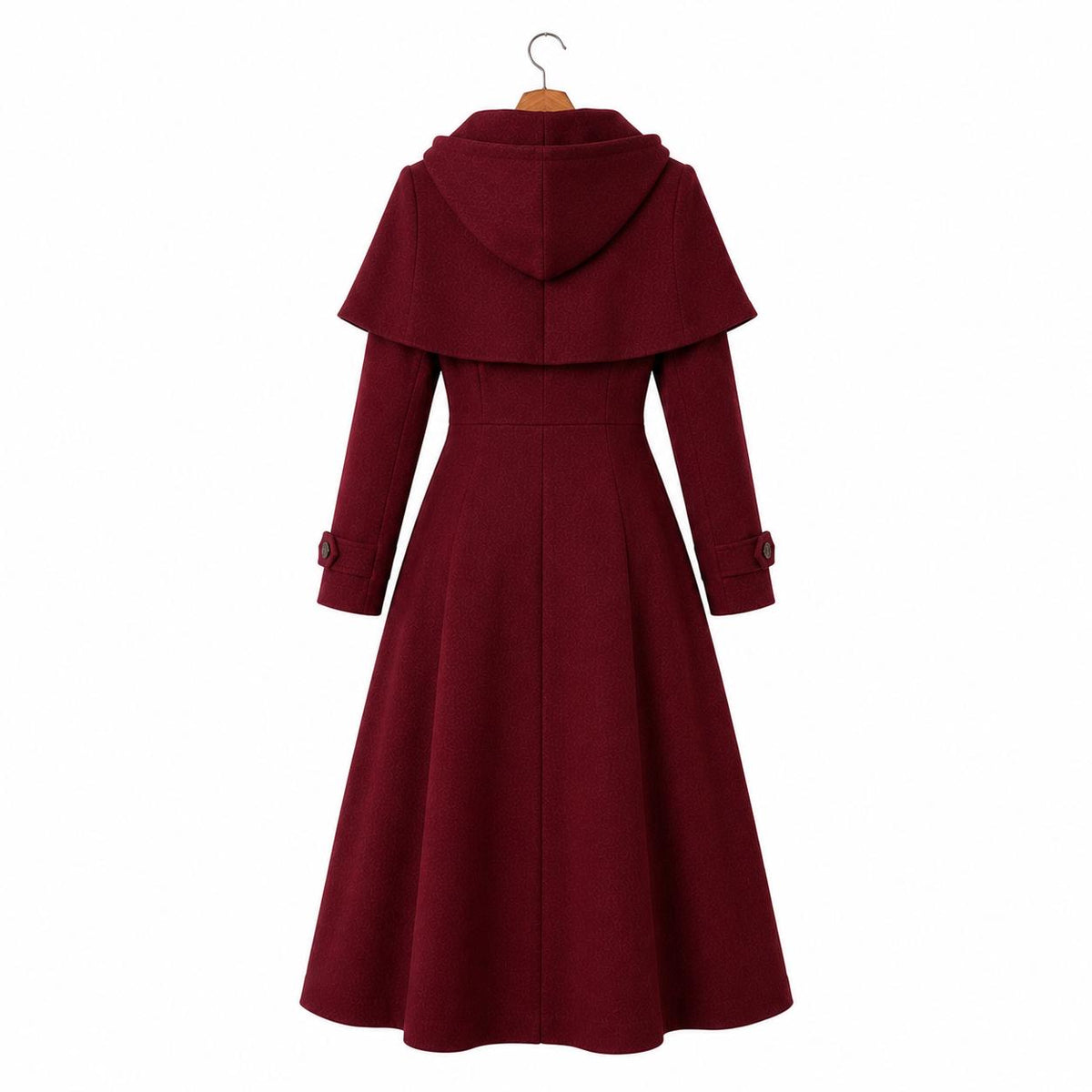 Burgundy Hooded Wool Blend Coat | Elegant Fit Flare Winter Cape Overcoat