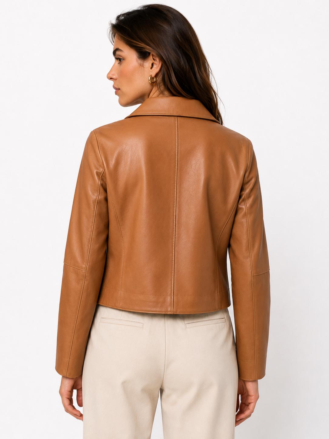 Women's Tan Leather Cropped Jacket Genuine Sheepskin Handmade Lightweight Button Up Casual Outerwear Coat