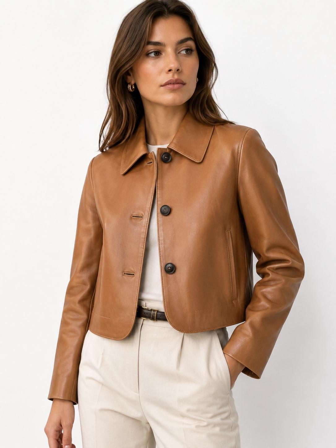Women's Tan Leather Cropped Jacket Genuine Sheepskin Handmade Lightweight Button Up Casual Outerwear Coat