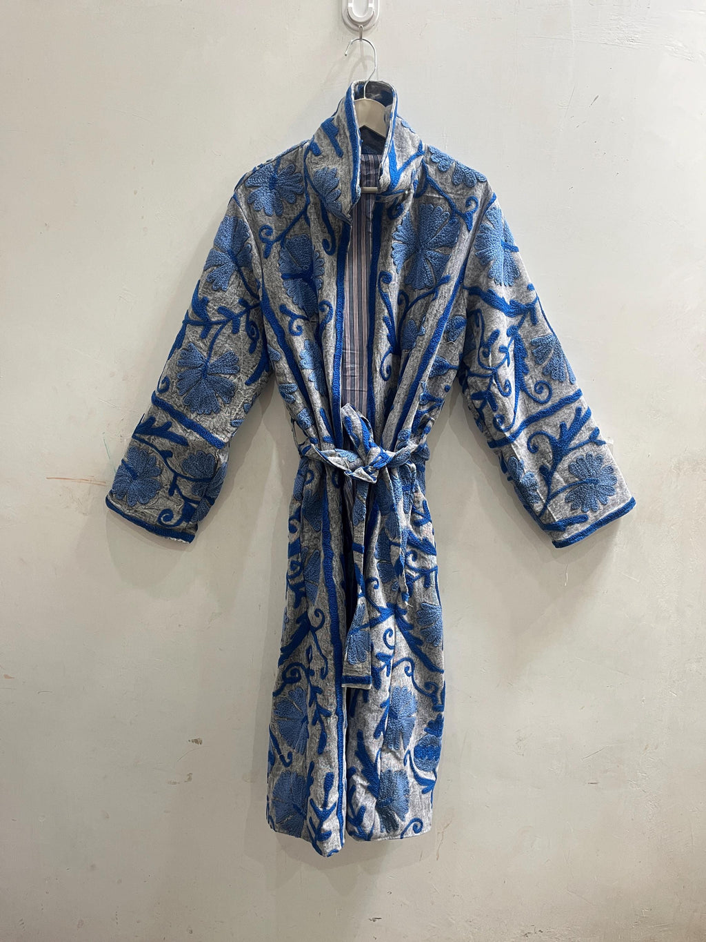 Embroidered Cotton Duck Long Jacket, Floral Suzani Kimono Robe, Bohemian Style Coat