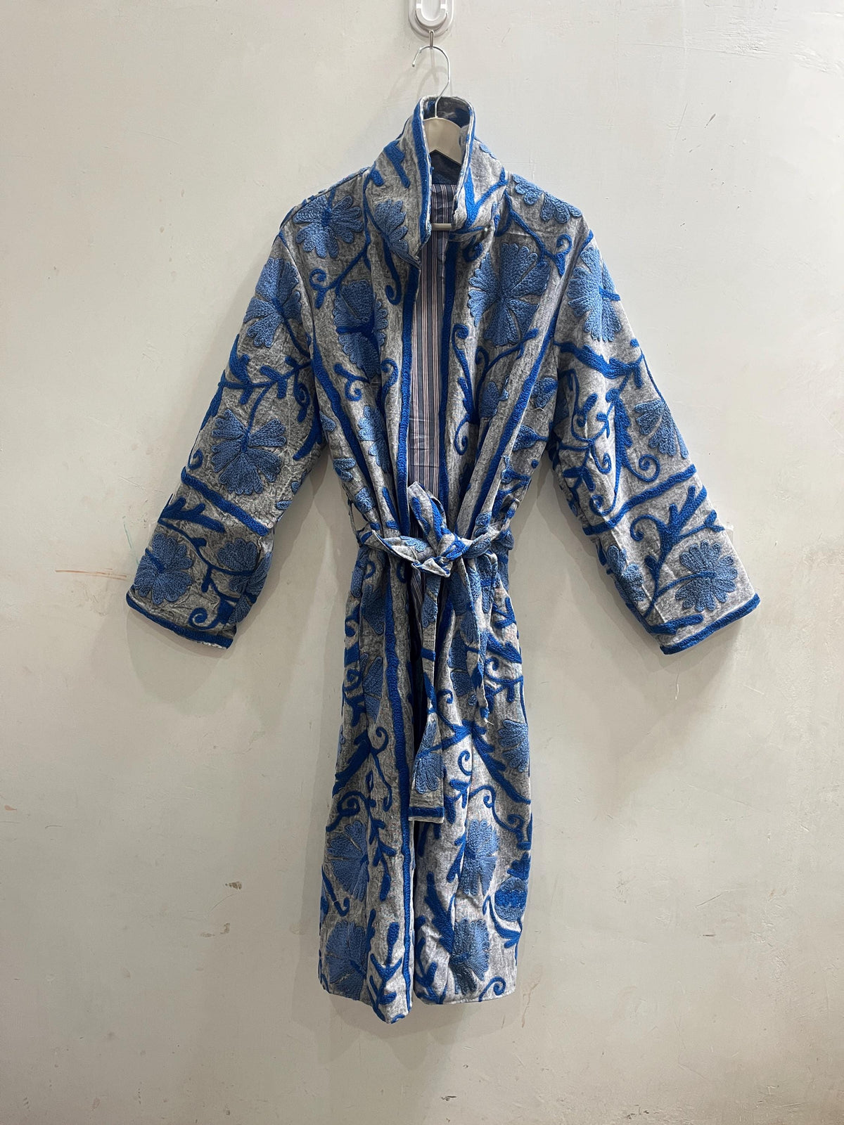 Embroidered Cotton Duck Long Jacket, Floral Suzani Kimono Robe, Bohemian Style Coat