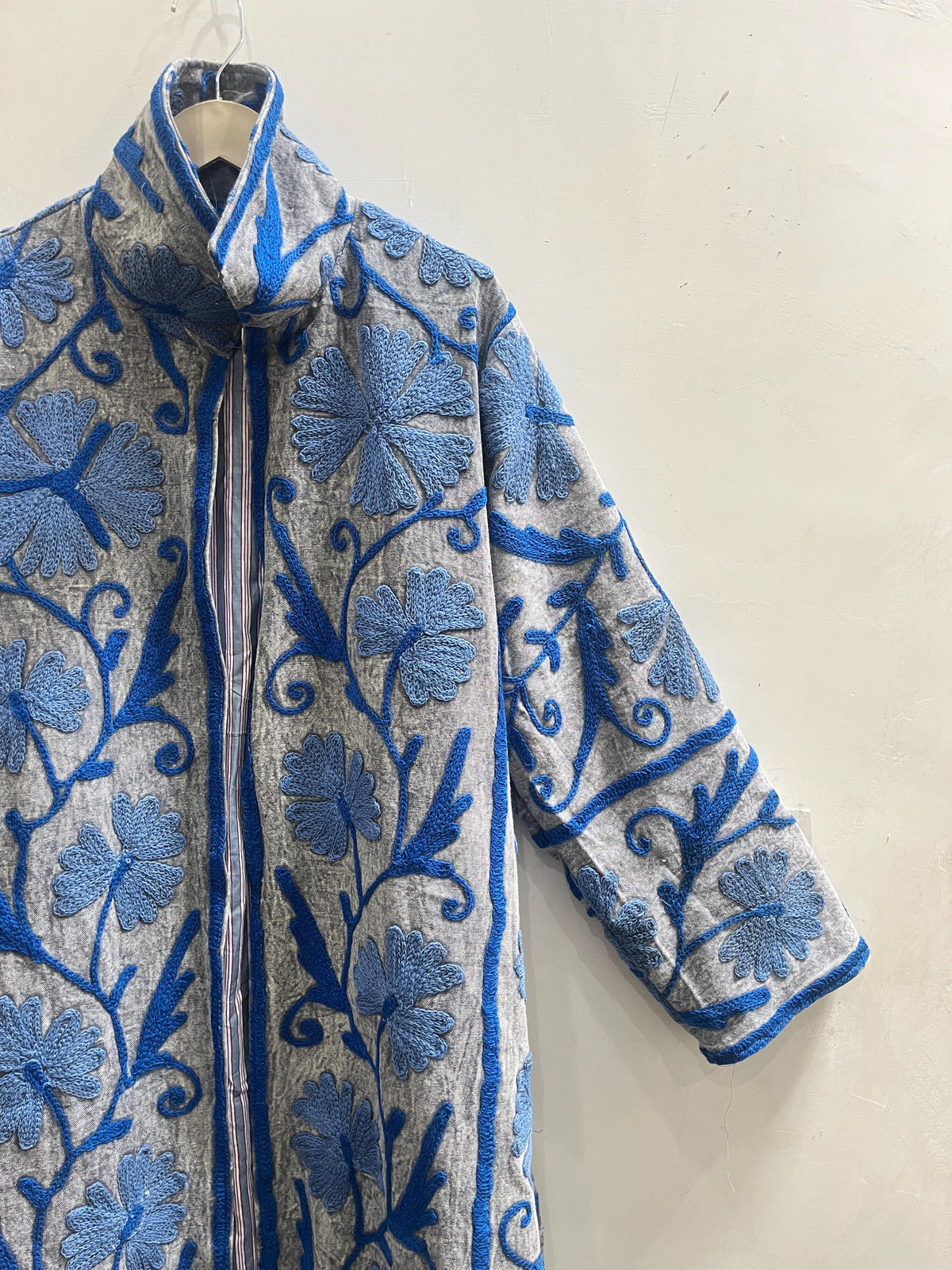 Embroidered Cotton Duck Long Jacket, Floral Suzani Kimono Robe, Bohemian Style Coat