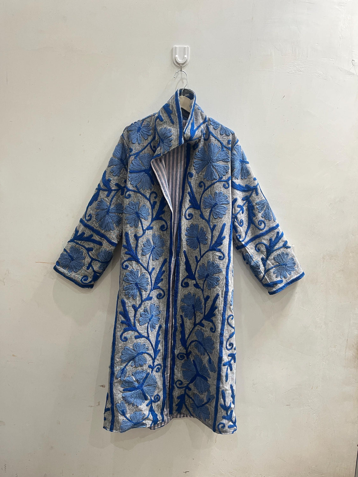 Embroidered Cotton Duck Long Jacket, Floral Suzani Kimono Robe, Bohemian Style Coat