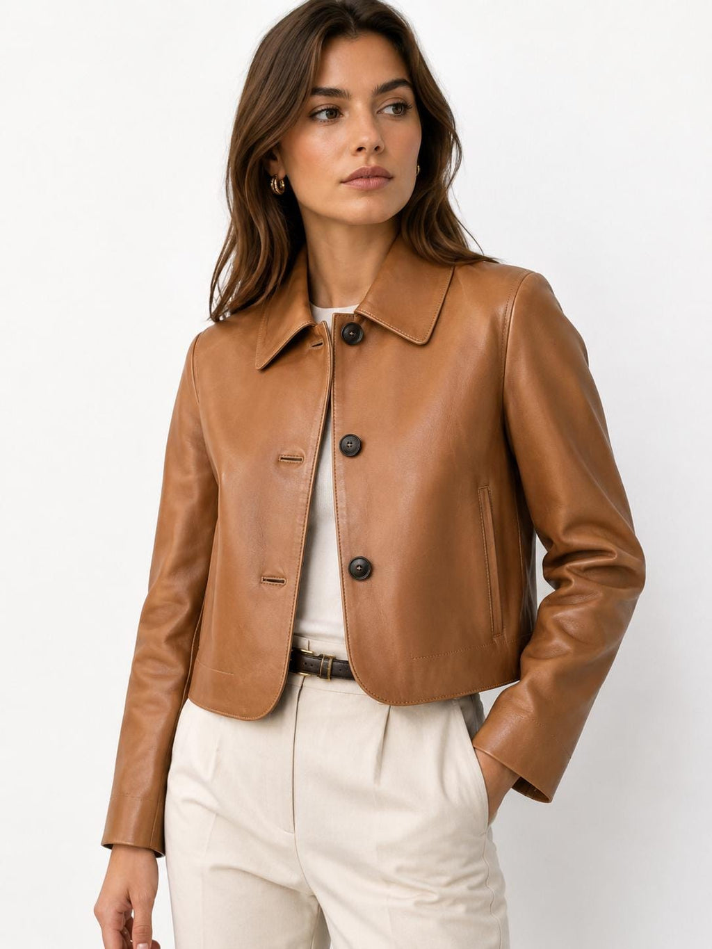 Women's Tan Leather Cropped Jacket Genuine Sheepskin Handmade Lightweight Button Up Casual Outerwear Coat