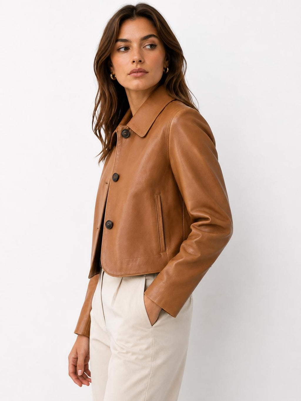 Women's Tan Leather Cropped Jacket Genuine Sheepskin Handmade Lightweight Button Up Casual Outerwear Coat