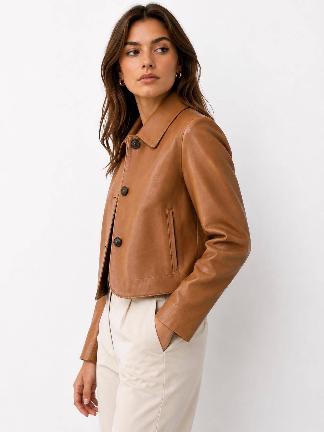 Women's Tan Leather Cropped Jacket Genuine Sheepskin Handmade Lightweight Button Up Casual Outerwear Coat