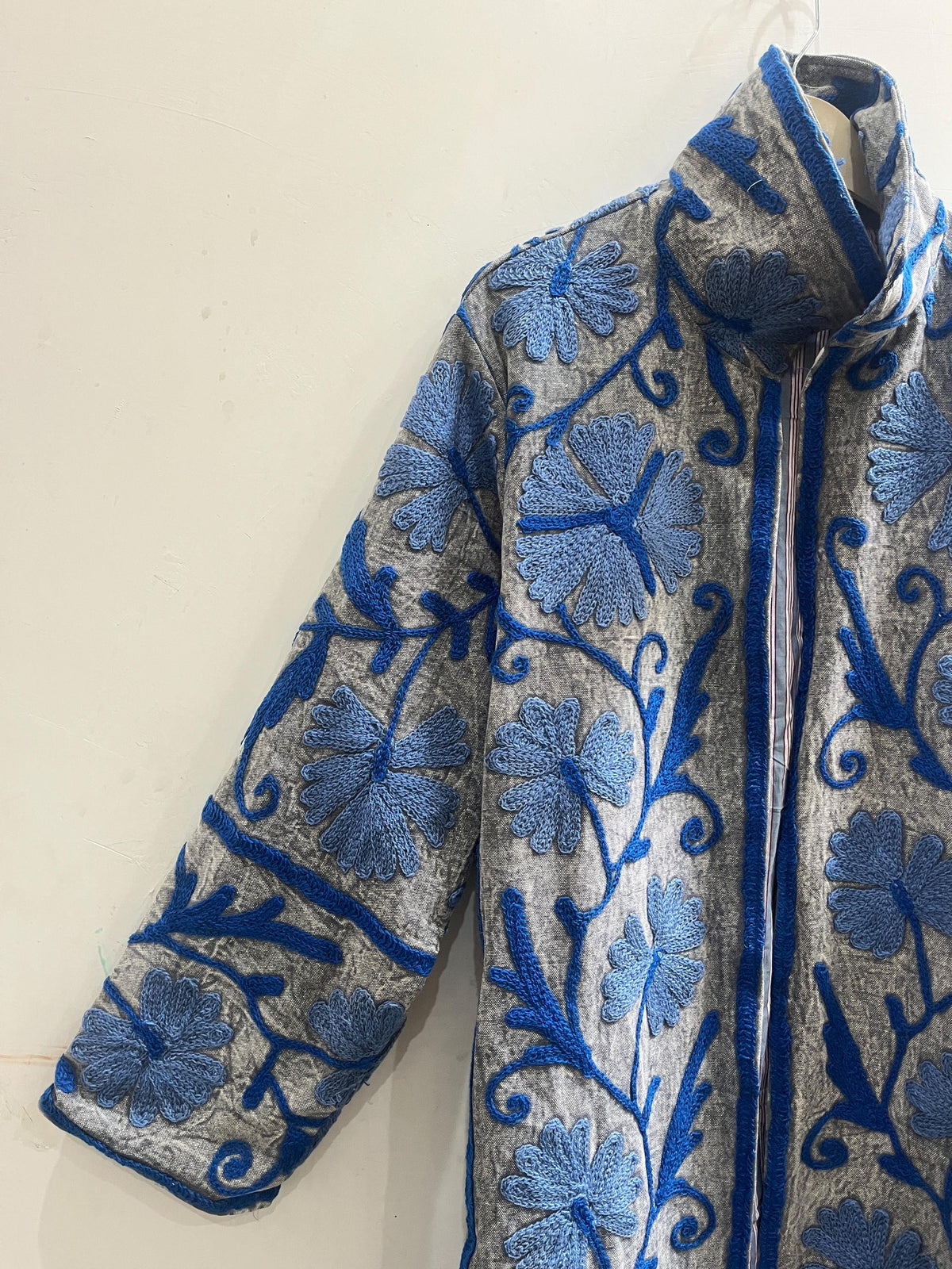 Embroidered Cotton Duck Long Jacket, Floral Suzani Kimono Robe, Bohemian Style Coat