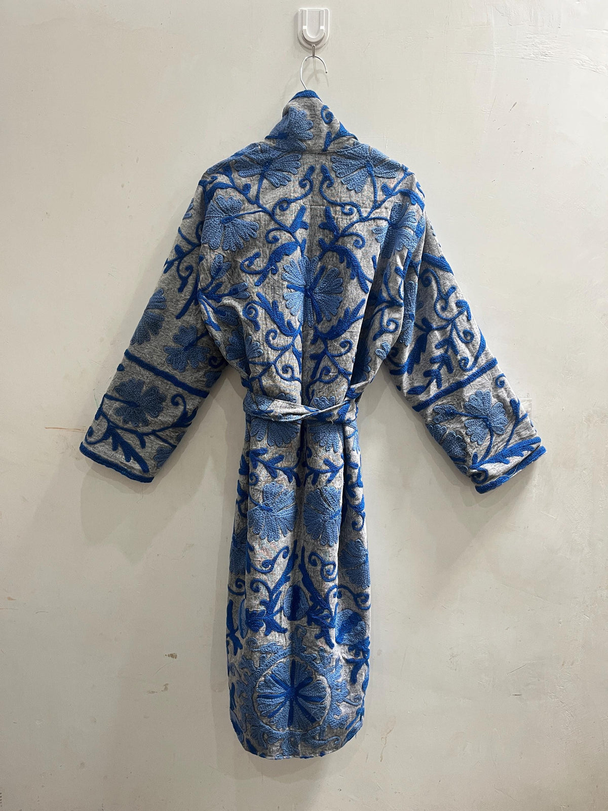 Embroidered Cotton Duck Long Jacket, Floral Suzani Kimono Robe, Bohemian Style Coat