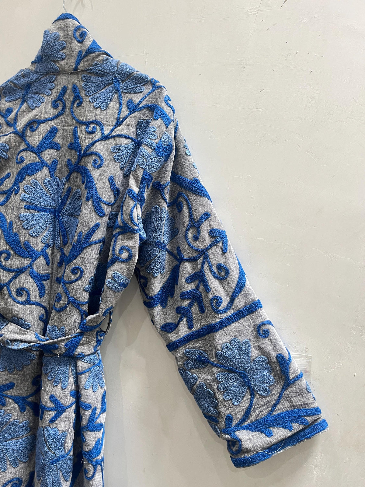 Embroidered Cotton Duck Long Jacket, Floral Suzani Kimono Robe, Bohemian Style Coat