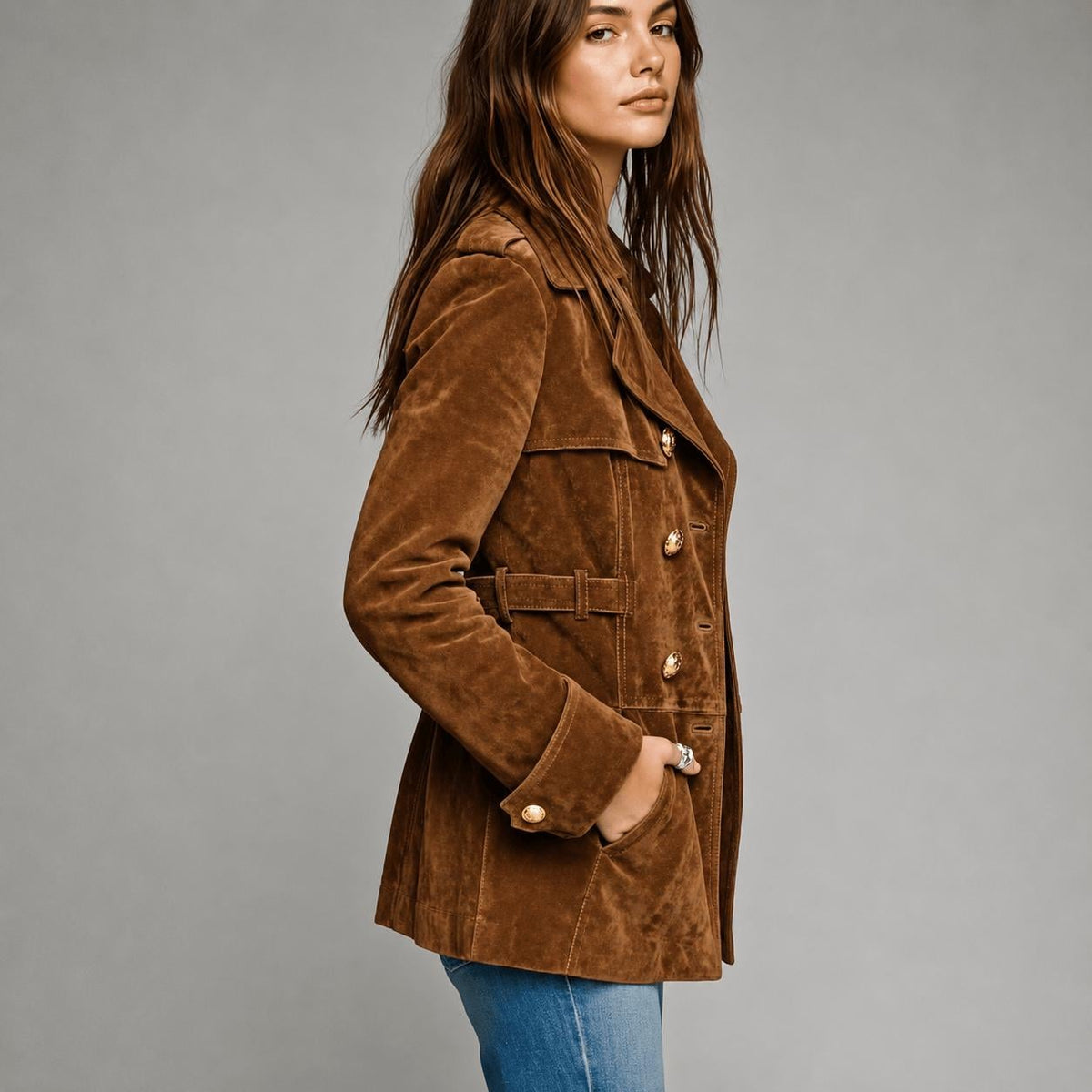 Women's Genuine Suede Leather Jacket Double-Breasted Brown Vintage Coat with Gold Buttons