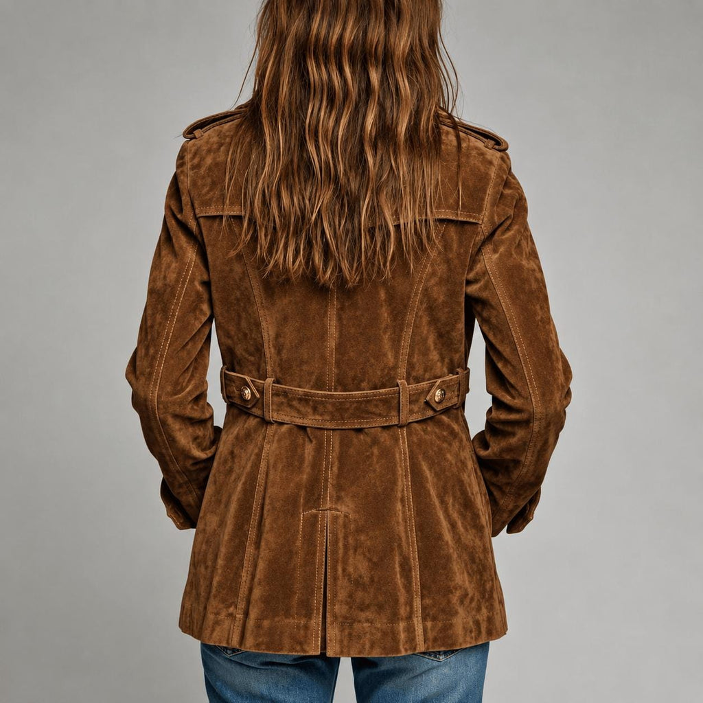 Women's Genuine Suede Leather Jacket Double-Breasted Brown Vintage Coat with Gold Buttons