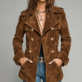 Women's Genuine Suede Leather Jacket Double-Breasted Brown Vintage Coat with Gold Buttons