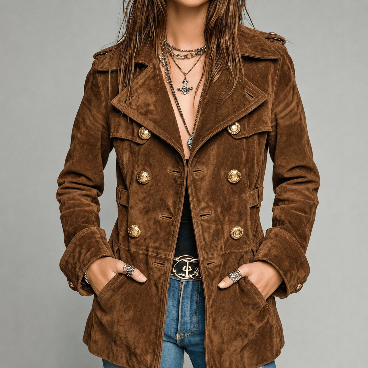 Women's Genuine Suede Leather Jacket Double-Breasted Brown Vintage Coat with Gold Buttons