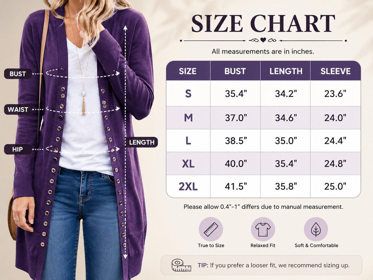 Women's Mid-Length Cardigan Sweater, Long Sleeve Button Front Layering Top for Fall Winter
