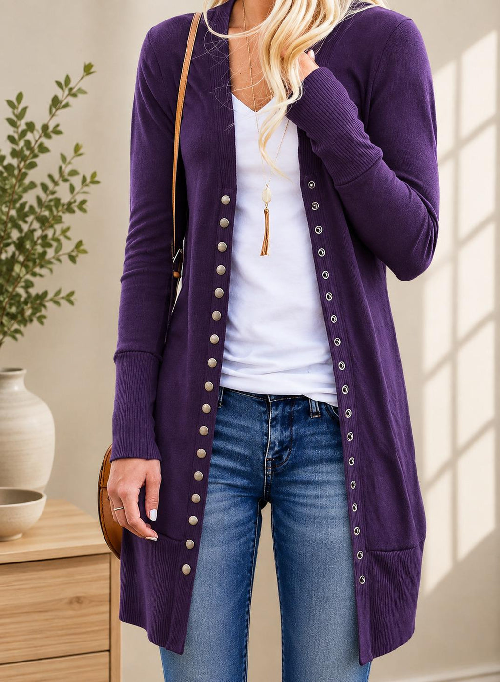 Women's Mid-Length Cardigan Sweater, Long Sleeve Button Front Layering Top for Fall Winter