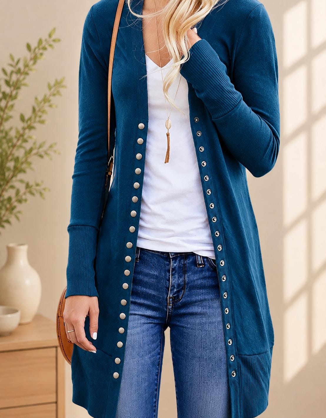 Women's Mid-Length Cardigan Sweater, Long Sleeve Button Front Layering Top for Fall Winter