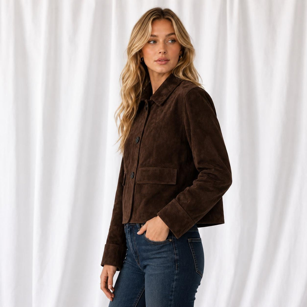 Brown Suede Jacket Women, Vintage Cropped Button Front Jacket, Classic Collar, , Casual Fall Outerwear Gift For Her