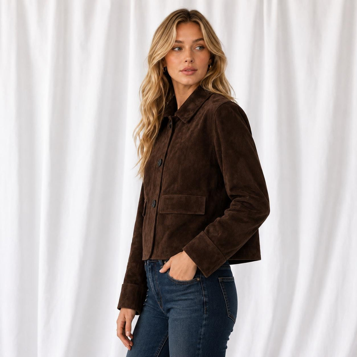 Brown Suede Jacket Women, Vintage Cropped Button Front Jacket, Classic Collar, , Casual Fall Outerwear Gift For Her