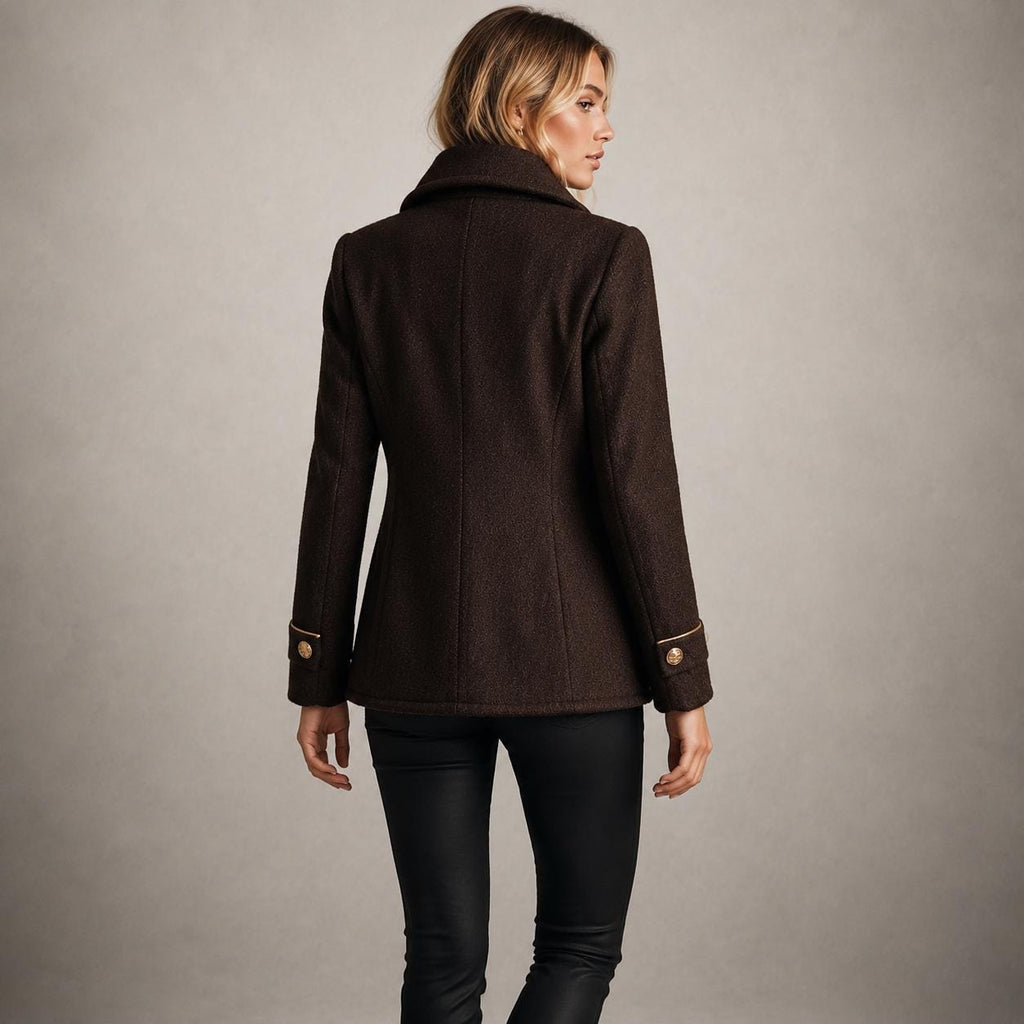 Women's Dark Brown Wool Peacoat, Double Breasted Military Jacket with Gold Buttons