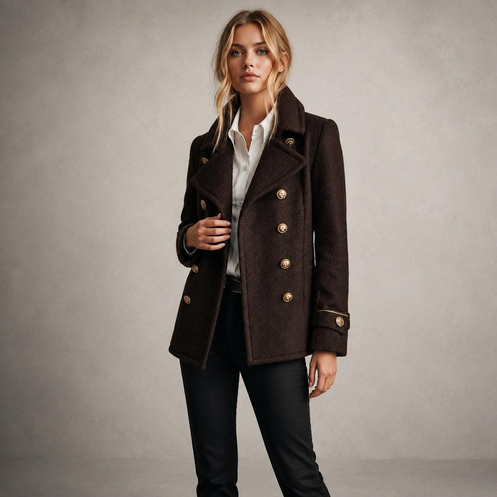 Women's Dark Brown Wool Peacoat, Double Breasted Military Jacket with Gold Buttons