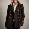 Women's Dark Brown Wool Peacoat, Double Breasted Military Jacket with Gold Buttons