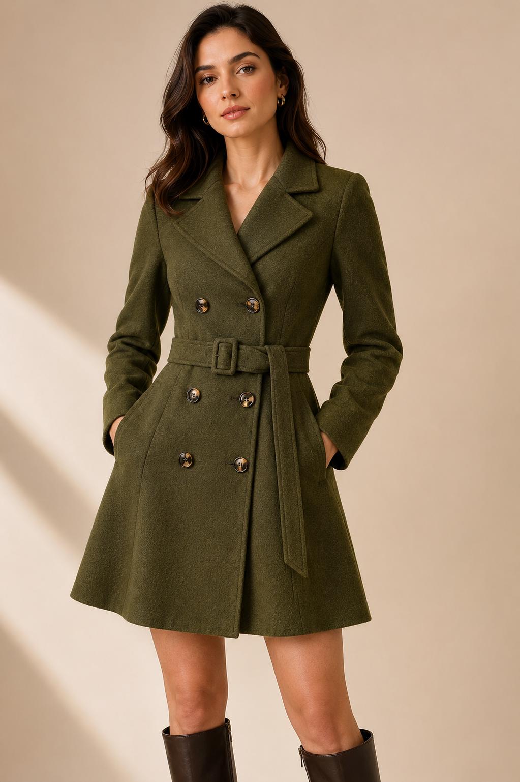 Women's Wool Coat Dress, Short Double Breasted Trench Coat, Belted A Line Winter Coat, Tailored Wool Jacket Dress, Elegant Fall Outerwear