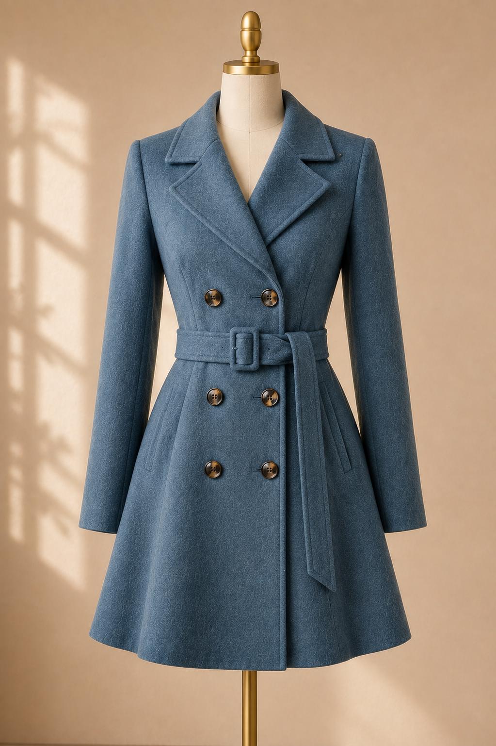 Women's Wool Coat Dress, Short Double Breasted Trench Coat, Belted A Line Winter Coat, Tailored Wool Jacket Dress, Elegant Fall Outerwear